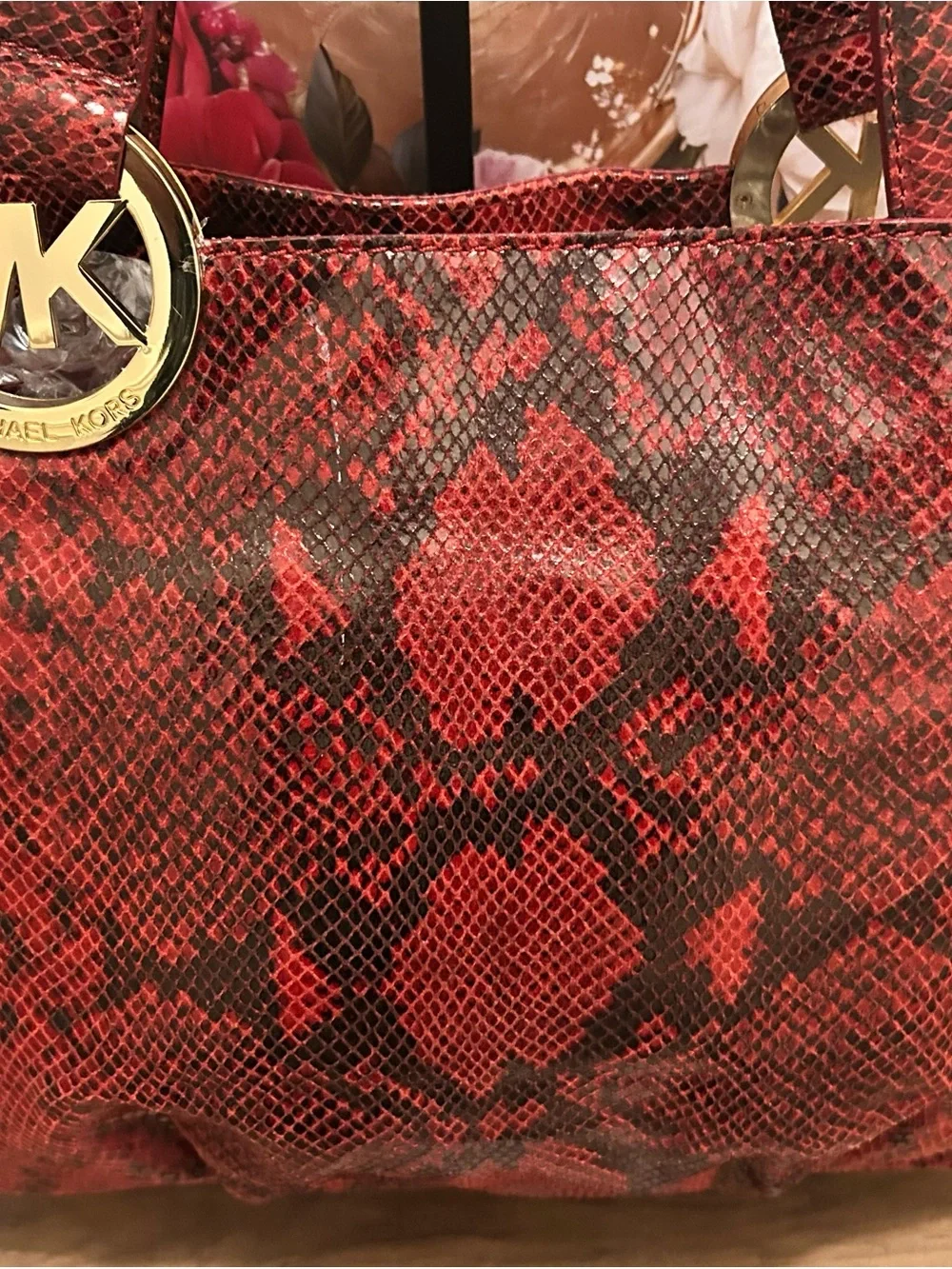 Michael Kors Red and Black Embossed Snake-Print Shoulder Tote with MK Dust Bag - Picture 5 of 15